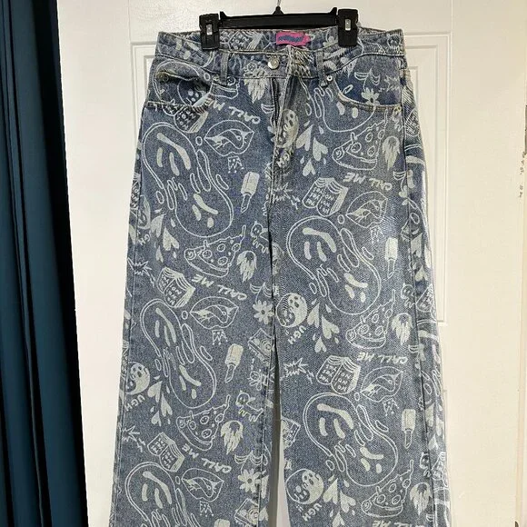 Edikted Cropped Denim Jacket & Malia Printed Wide Leg Jeans Streetwear - Picture 13 of 16